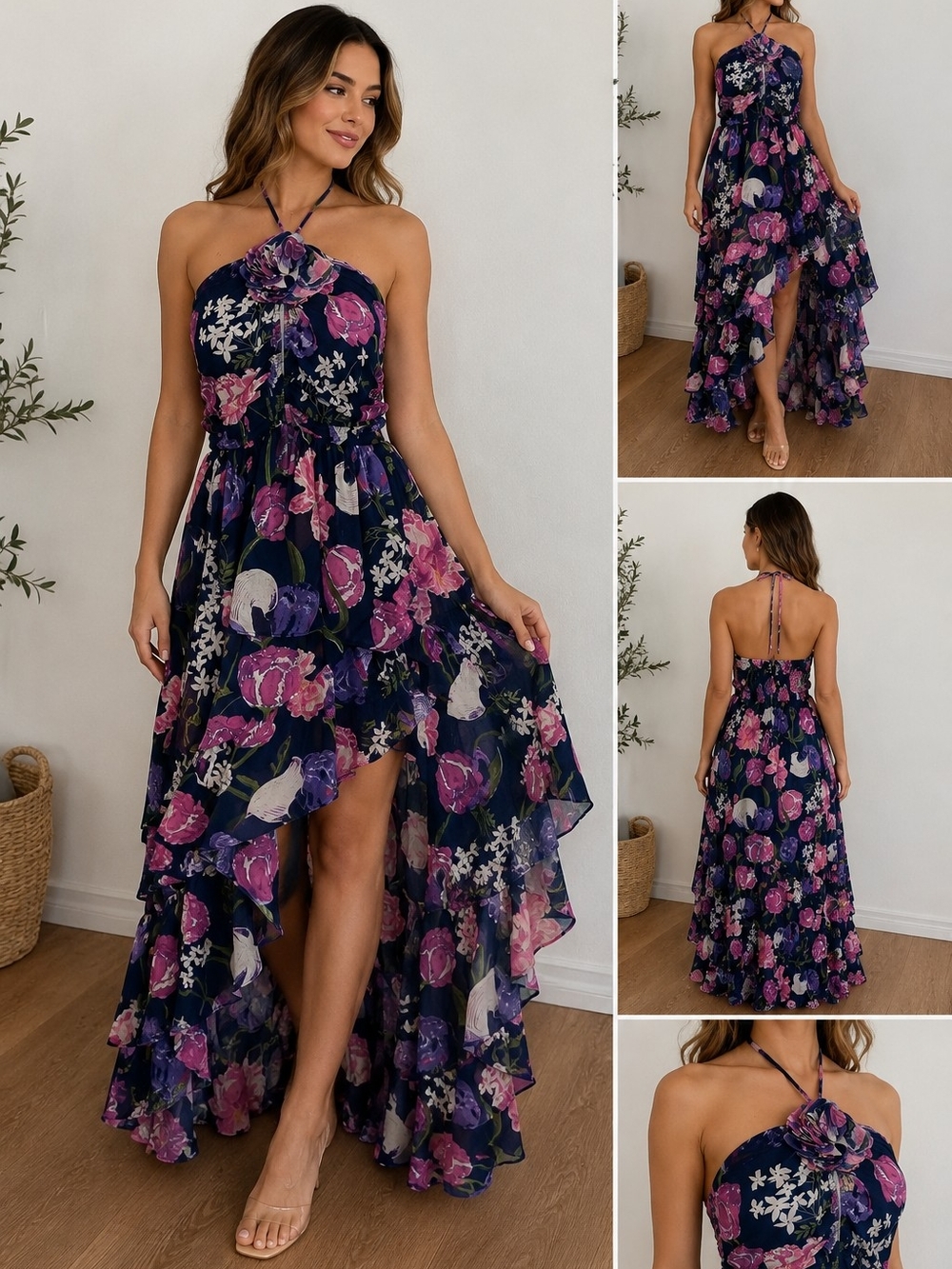 Macy's Navy Floral Halter High-Low Maxi Dress with Pink and Purple Blooms